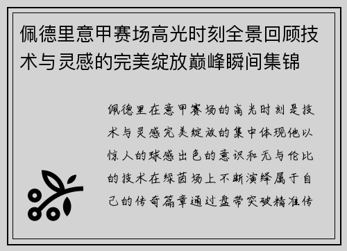 佩德里意甲赛场高光时刻全景回顾技术与灵感的完美绽放巅峰瞬间集锦