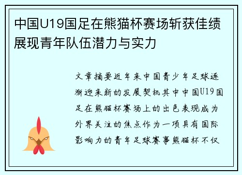 中国U19国足在熊猫杯赛场斩获佳绩 展现青年队伍潜力与实力